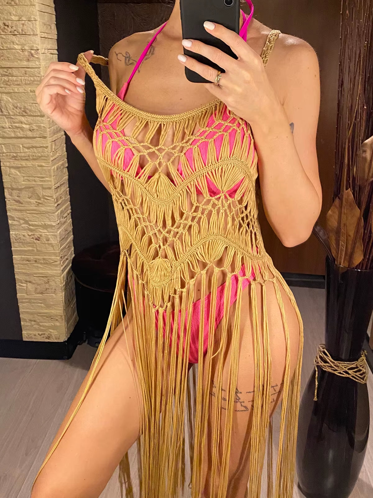 3 Colors Hollow Out Fringe Tassel Knitted Crochet Tunic Beach Cover up Cover-Ups Beach Dress Beach Wear Beachwear Female V3847