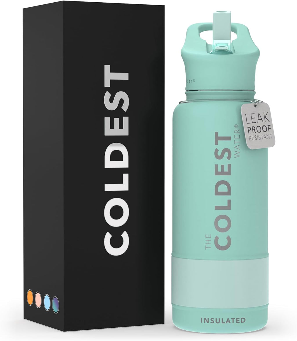 Coldest Insulated Water Bottle with Straw Lid - Stainless Steel Metal Insulated Bottle for Men & Women (Oceanic Green, 32 Oz)