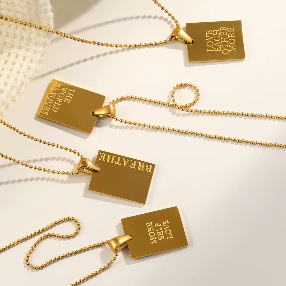 Stylish Hip Hop Personal Engraved Letter Square Pendant Necklace Beads Chain Stainless Steel Gold Color Necklace