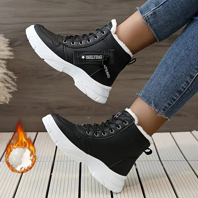 Soft Plush Lining Women'S Fashionable Letter Label Design Lace up Mid-Calf Boots 2025 New Style Casual Warm Thick Sole Winter Boots for Daily Wear Female All-Match Trendy Fur Boots