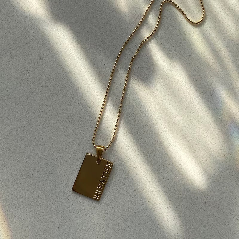 Stylish Hip Hop Personal Engraved Letter Square Pendant Necklace Beads Chain Stainless Steel Gold Color Necklace