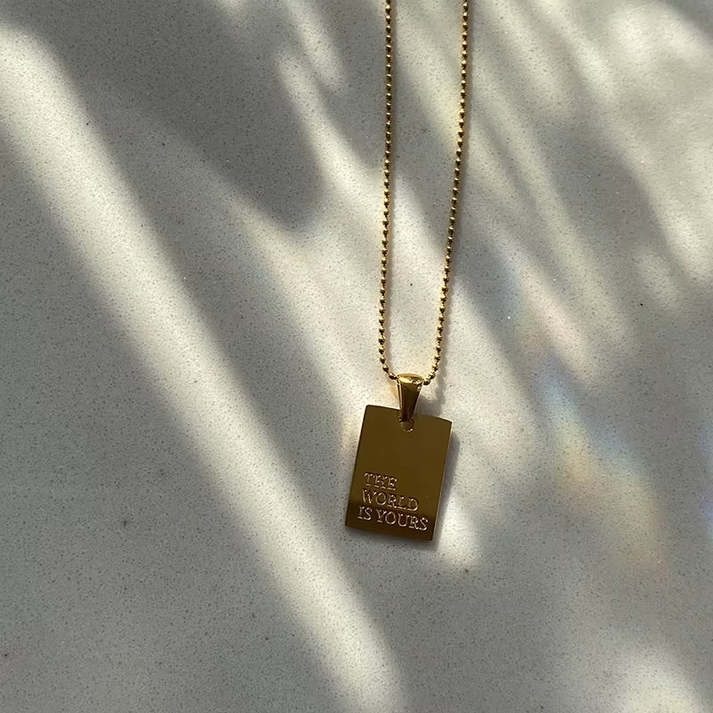 Stylish Hip Hop Personal Engraved Letter Square Pendant Necklace Beads Chain Stainless Steel Gold Color Necklace