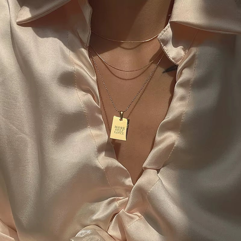 Stylish Hip Hop Personal Engraved Letter Square Pendant Necklace Beads Chain Stainless Steel Gold Color Necklace