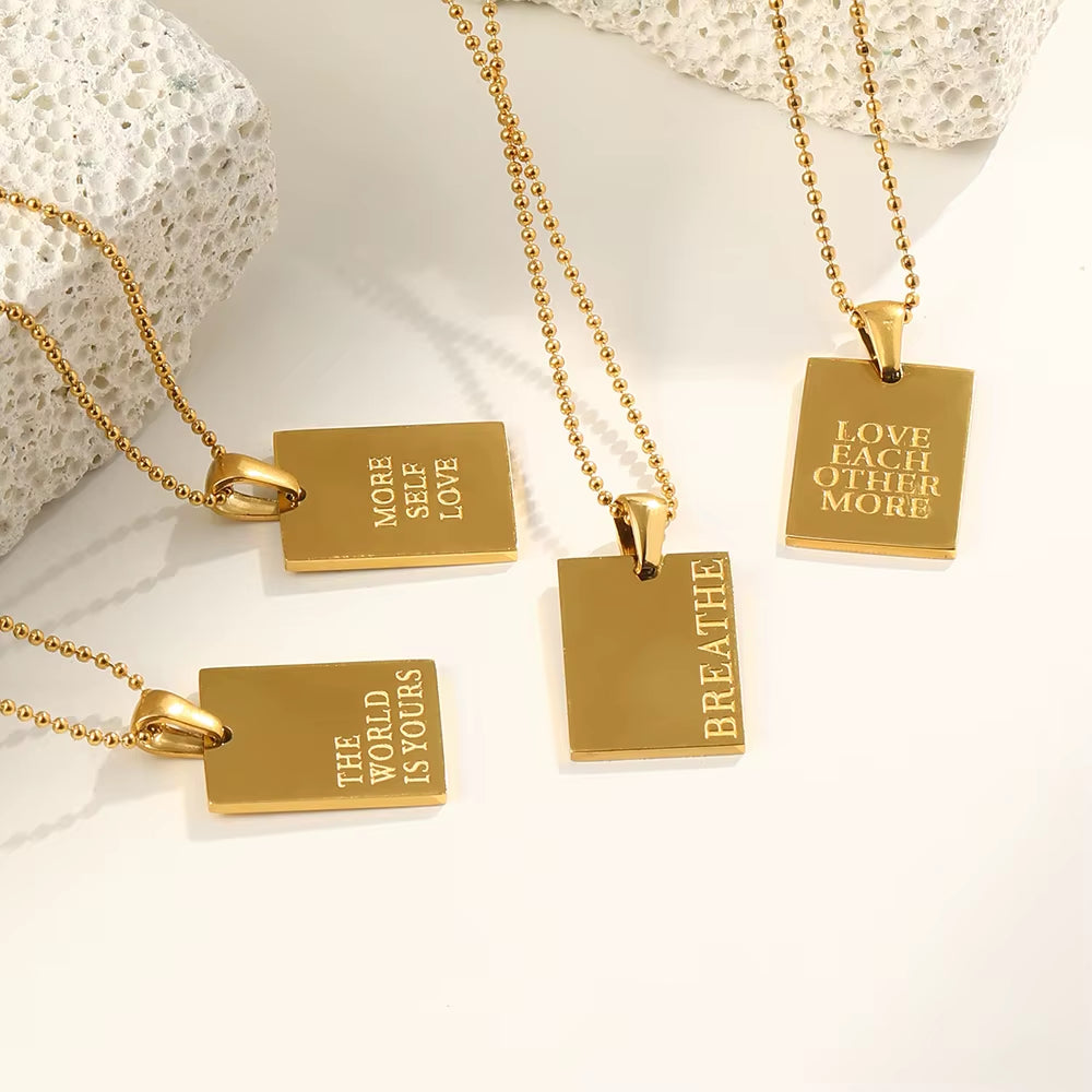 Stylish Hip Hop Personal Engraved Letter Square Pendant Necklace Beads Chain Stainless Steel Gold Color Necklace