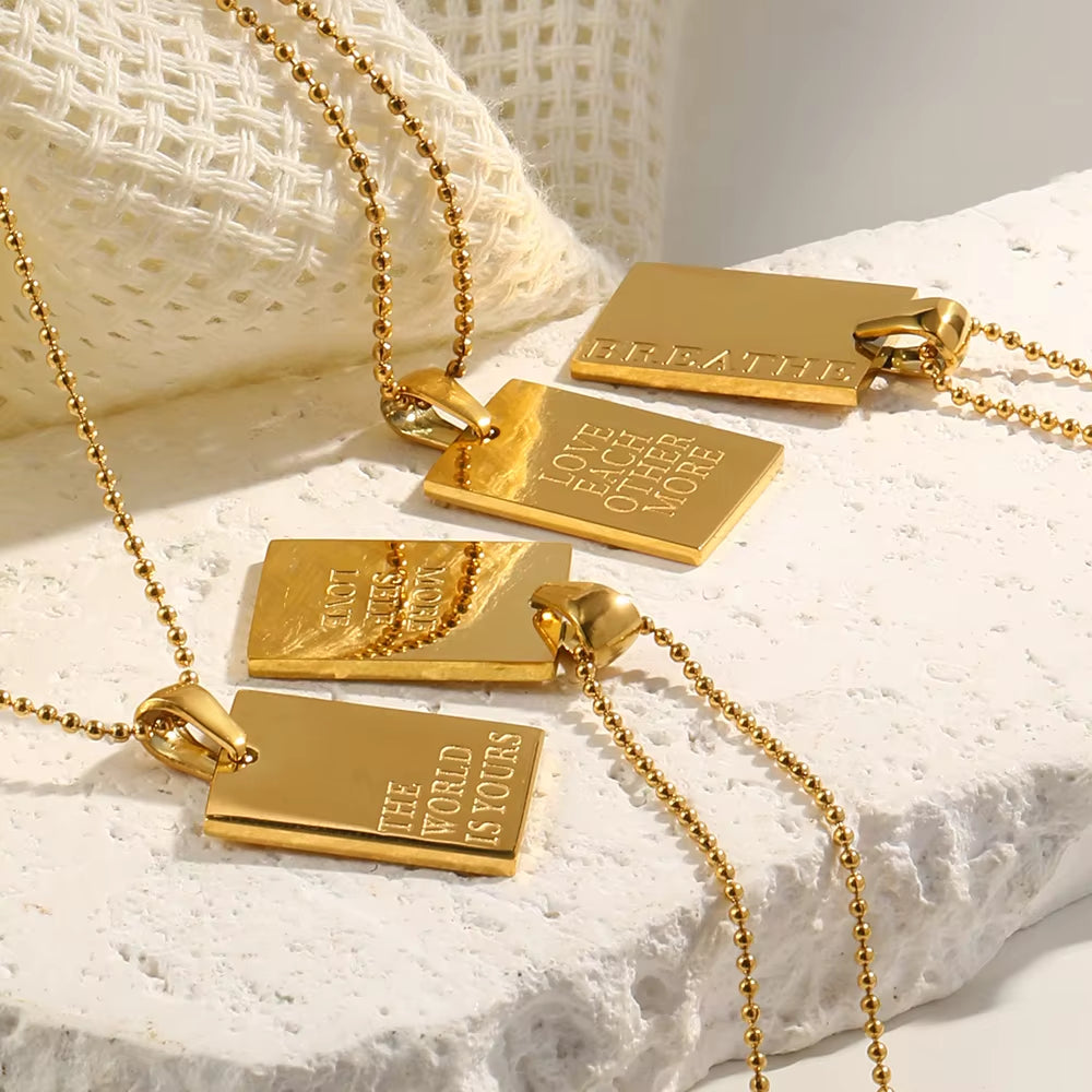 Stylish Hip Hop Personal Engraved Letter Square Pendant Necklace Beads Chain Stainless Steel Gold Color Necklace